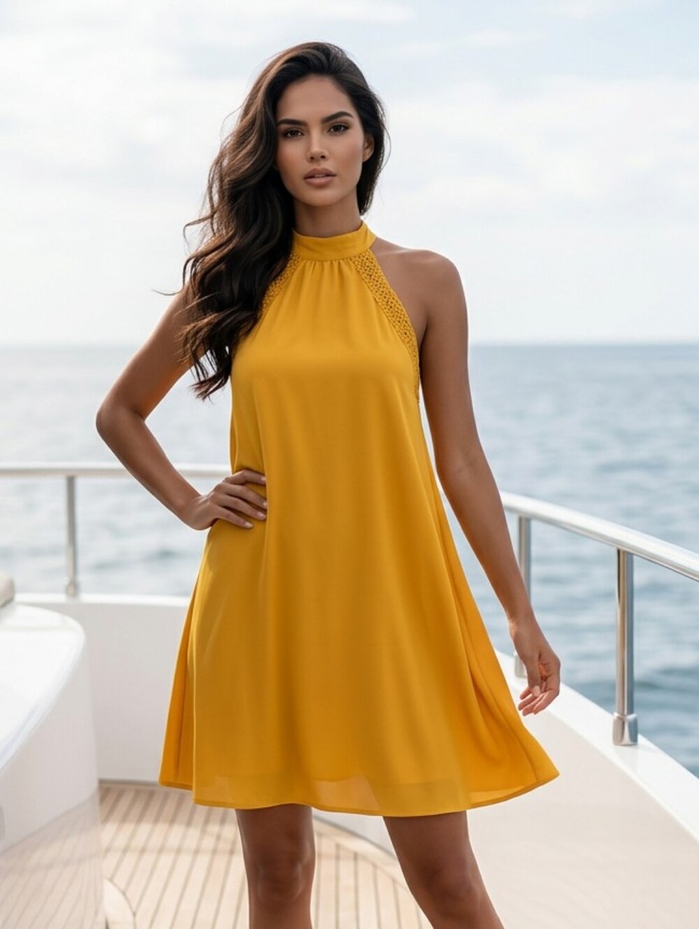 Golden Yellow Halter Swing Dress Lace Trim Sleeveless Trapeze Shift NWT Small